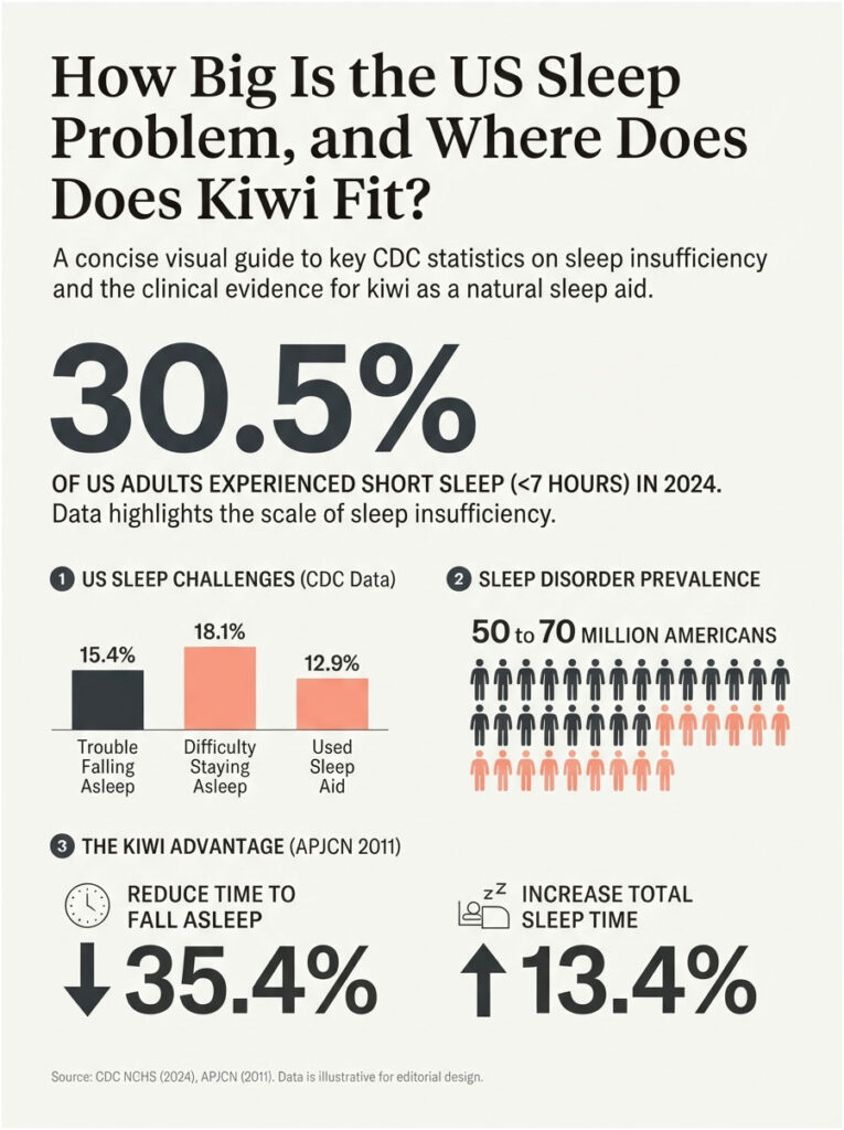 Infographic showing US sleep statistics, highlighting 30.5% short sleep, sleep challenges, and kiwi benefits.