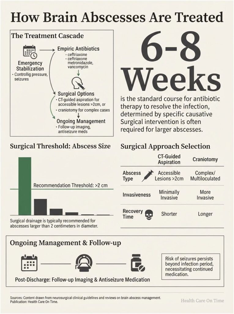 Infographic explaining brain abscess treatment, including antibiotic therapy, surgical options, and management details.