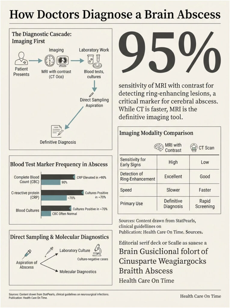 Infographic showing the diagnostic process for brain abscess, including MRI, lab tests, and key statistics.