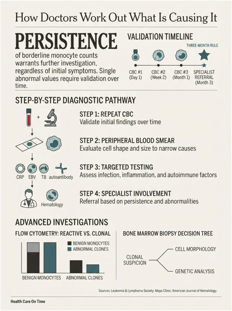 Infographic detailing the diagnostic pathway for borderline monocyte counts, including steps and validation timeline.