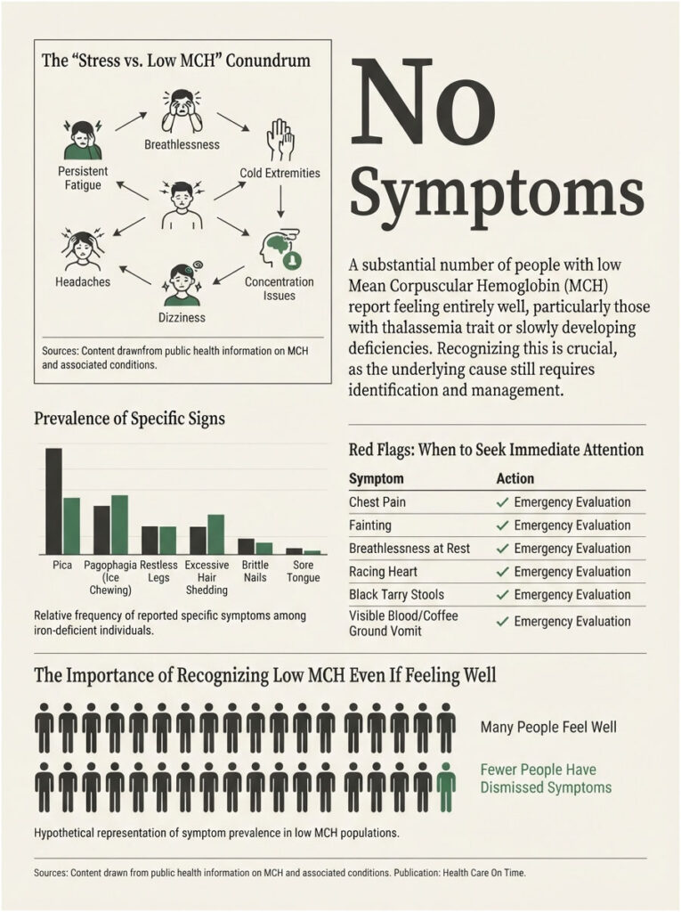 Infographic showing symptoms of low Mean Corpuscular Hemoglobin with charts on prevalence and red flags for attention.