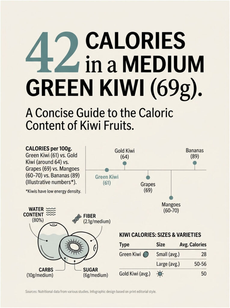 Infographic showing caloric content of kiwi fruits, including green and gold kiwis, grapes, and bananas.