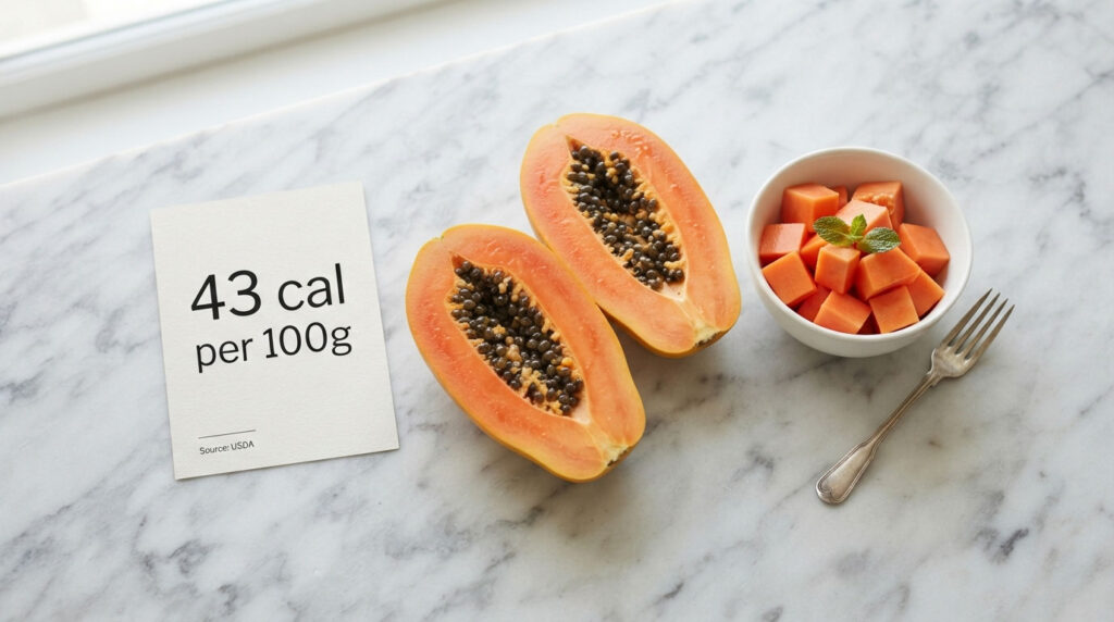Halved papaya with seeds sits beside a bowl of cubed papaya and a fork on a marble surface.