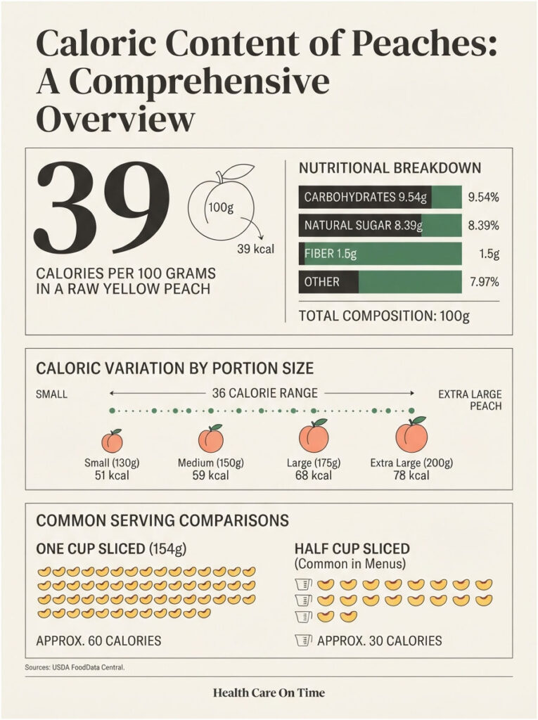 Infographic showing caloric content of peaches, including nutritional breakdown and portion sizes with calorie counts.