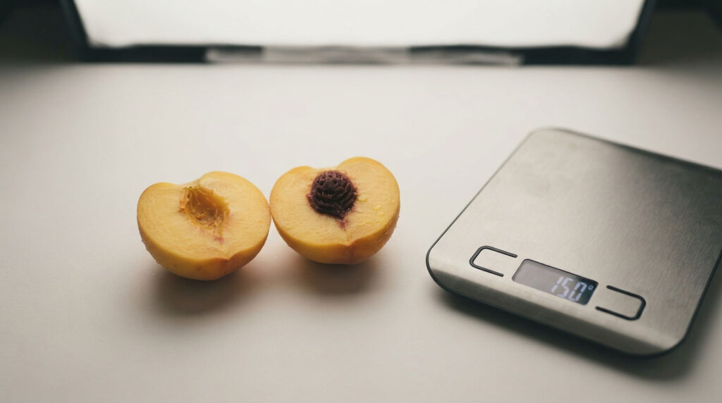 Two halved peaches with a pit sit next to a digital kitchen scale showing 150 grams.