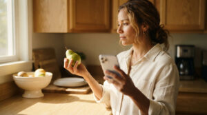 A woman holds a green pear while looking at her smartphone in a sunlit kitchen.