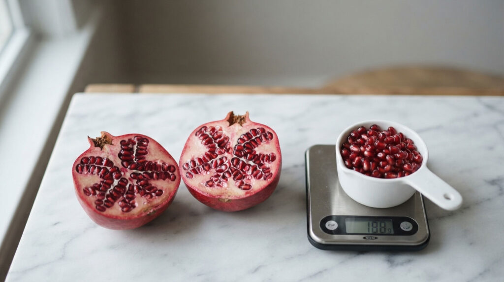 Two halved pomegranates and a measuring cup of seeds on a scale.