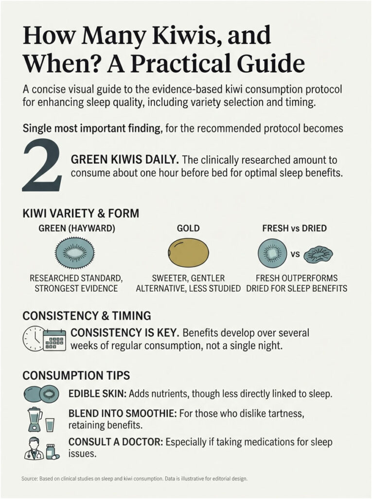 Infographic detailing kiwi consumption for sleep, showing types, timing, and tips for benefits.