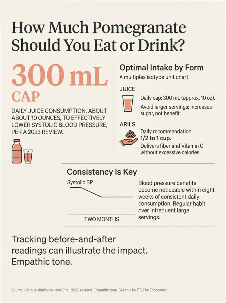 Infographic showing optimal pomegranate intake, including juice and arils, with blood pressure benefits over time.