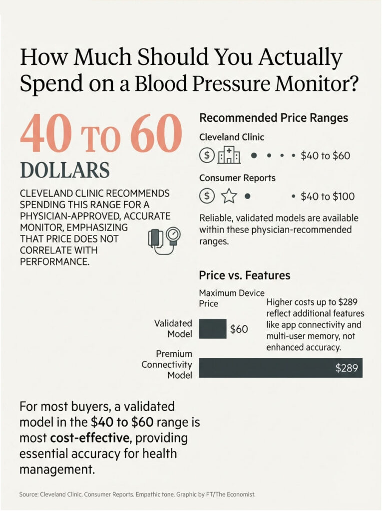 Infographic showing blood pressure monitor spending recommendations, highlighting price ranges and features comparison.