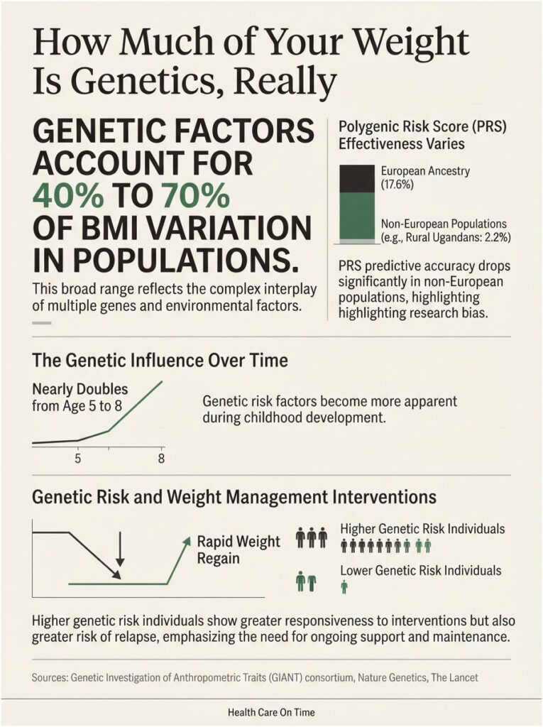 Infographic showing genetic factors account for 40-70% of BMI variation, highlighting genetic risk and weight management.