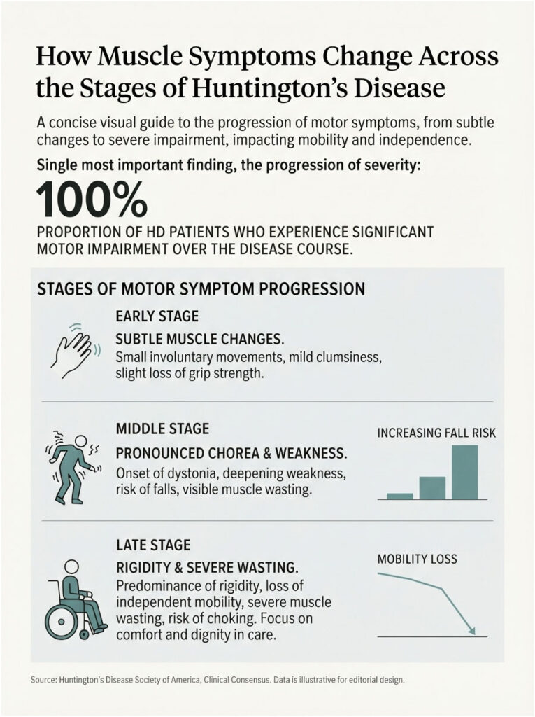 Infographic illustrating muscle symptom progression in Huntington's Disease stages with charts and key data points.