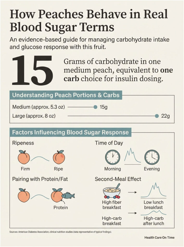 Infographic showing peach carbohydrate content and factors affecting blood sugar response with illustrations and data points.