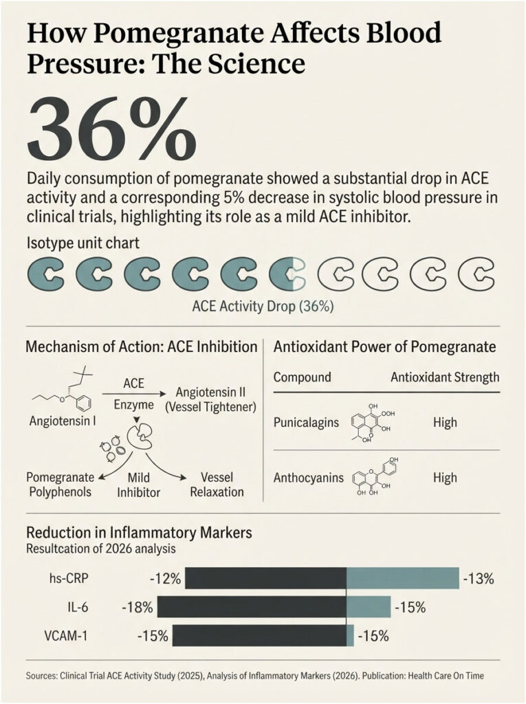Infographic showing how pomegranate affects blood pressure, including ACE activity drop and antioxidant power data.