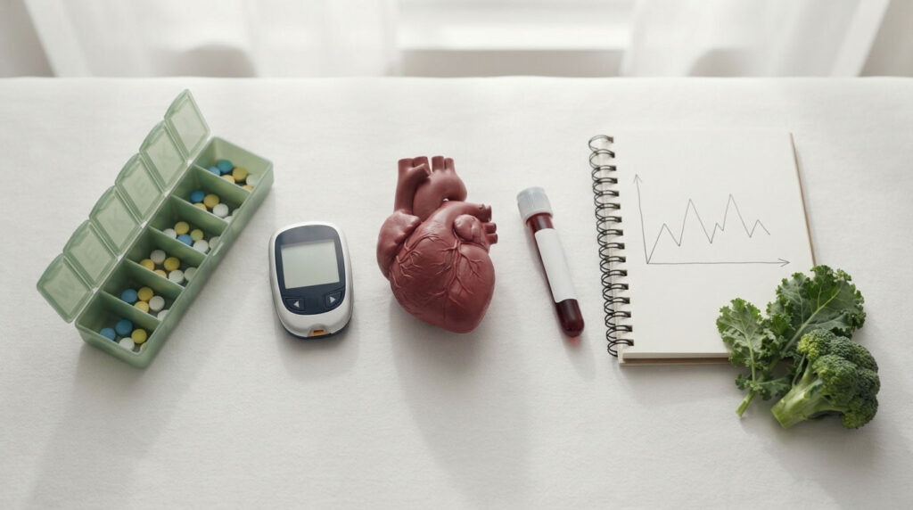 A green pill organizer, glucose meter, heart model, blood sample, notebook with a graph, and broccoli on a table.