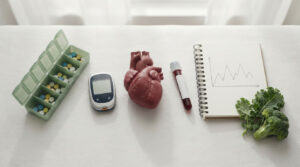 A green pill organizer, glucose meter, heart model, blood sample, notebook with a graph, and broccoli on a table.