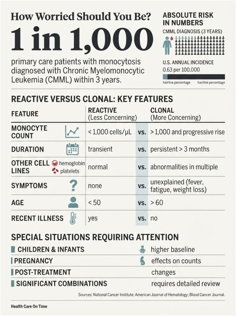 Infographic comparing reactive and clonal features of CMML diagnosis with key statistics and visual elements.