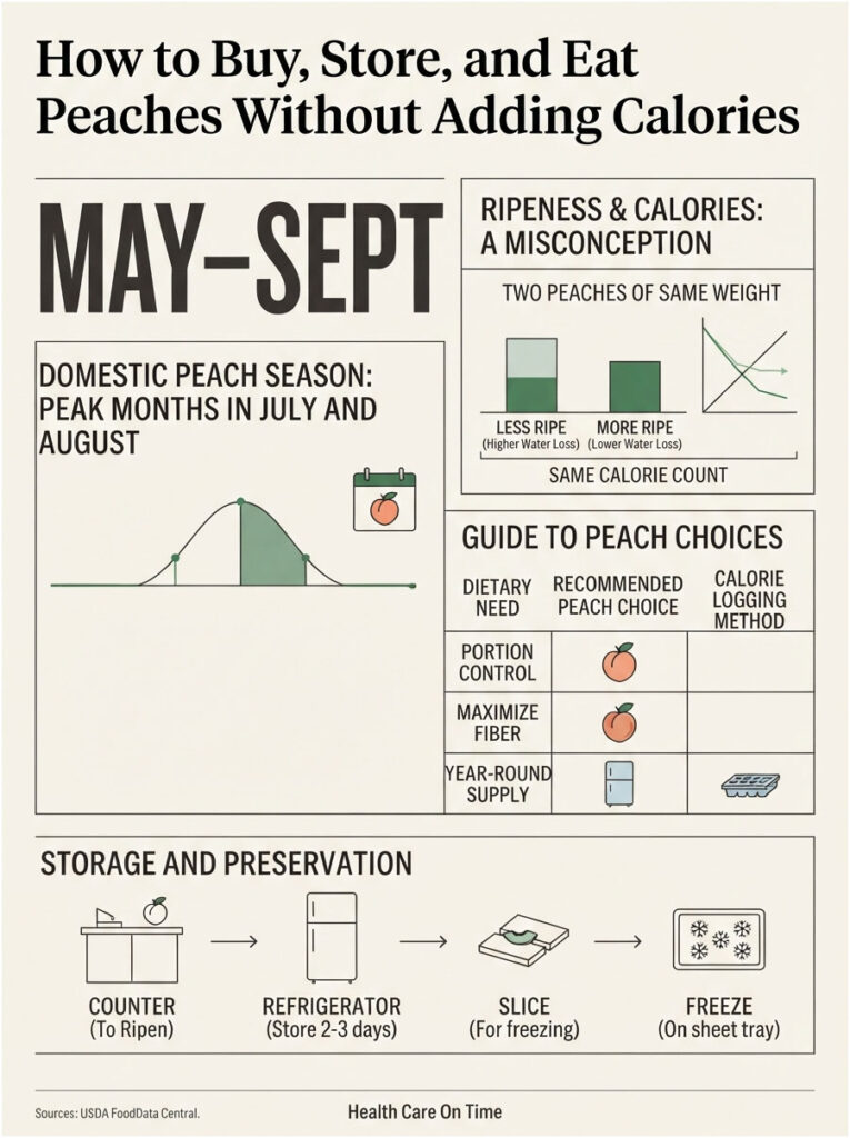 Infographic on buying, storing, and eating peaches, featuring charts, icons, and storage methods.