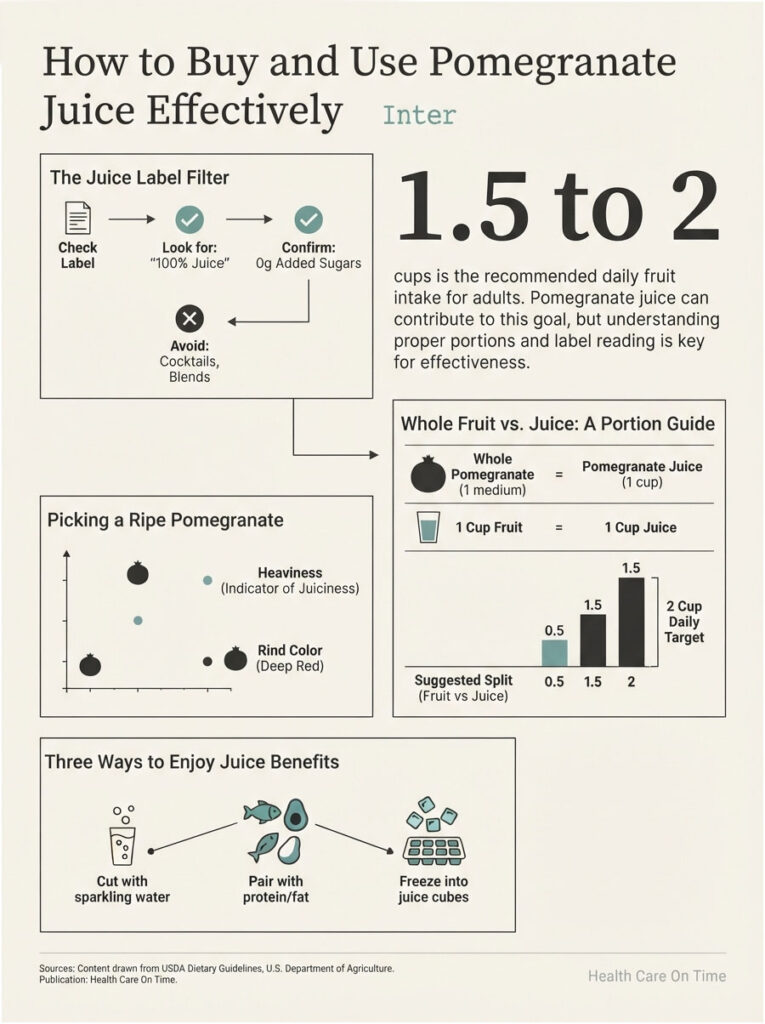 Infographic on buying and using pomegranate juice, including label tips, portion guides, and benefits.
