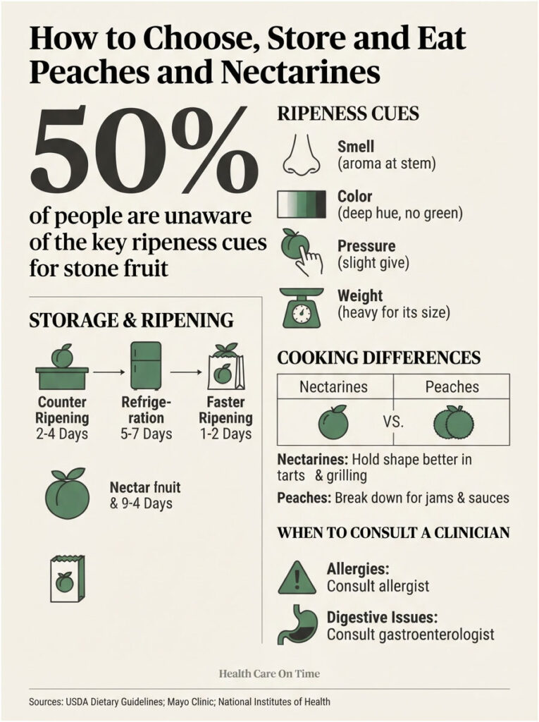 Infographic showing how to choose, store, and eat peaches and nectarines with ripeness cues and cooking differences.