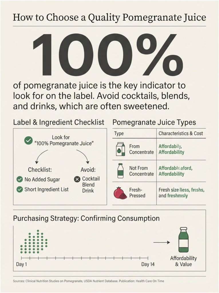 Infographic explaining how to choose quality pomegranate juice, featuring a checklist and juice types with characteristics.