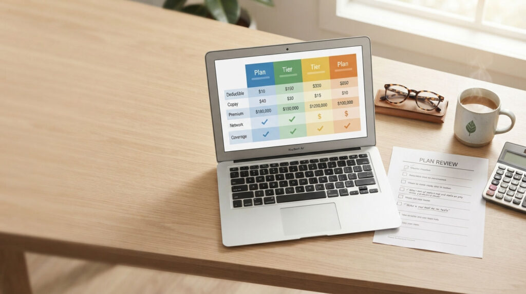 A laptop displays a comparison chart on a wooden desk with a coffee cup, glasses, and a checklist nearby.