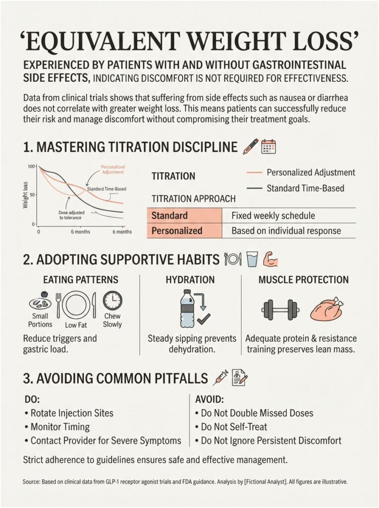 Infographic on 'Equivalent Weight Loss' detailing titration discipline, supportive habits, and common pitfalls.