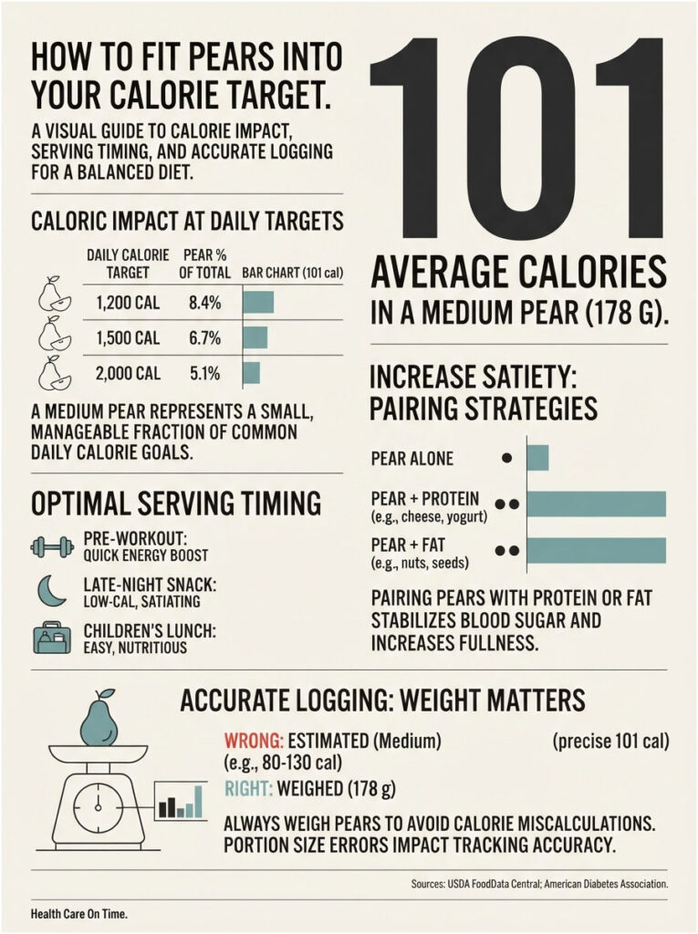Infographic showing calorie impact of pears, serving timing, and accurate logging for a balanced diet.