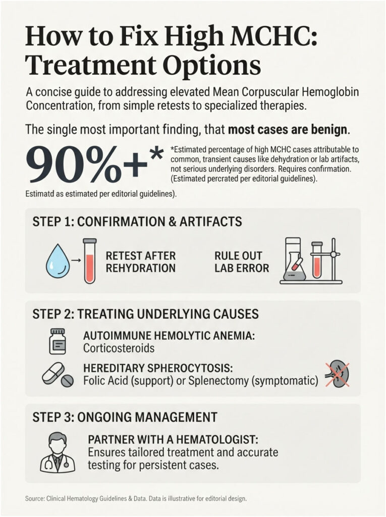 Infographic detailing treatment options for high MCHC, including steps for confirmation, causes, and management.