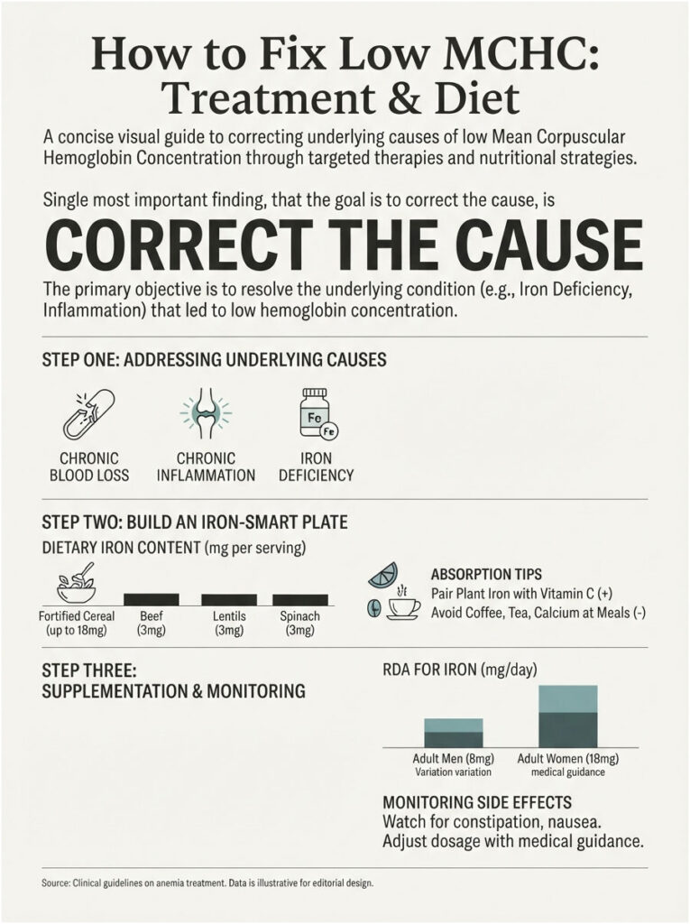 Infographic detailing steps to fix low MCHC, including causes, dietary tips, and iron recommendations.