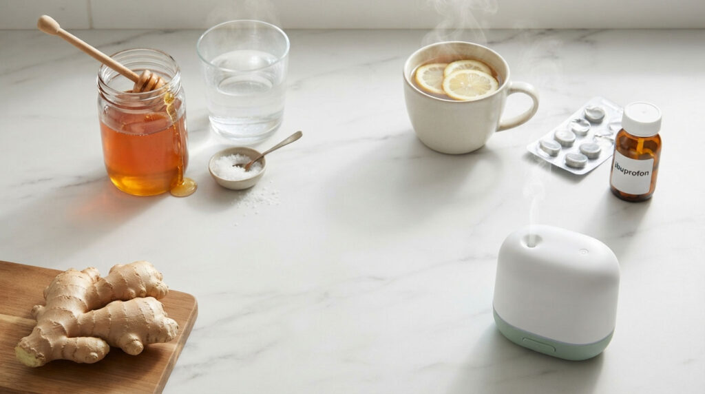 A cozy scene with ginger, honey, lemon tea, water, and a diffuser on a marble countertop.
