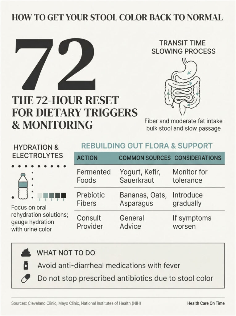 Infographic detailing a 72-hour reset for stool color normalization, including hydration tips and dietary actions.