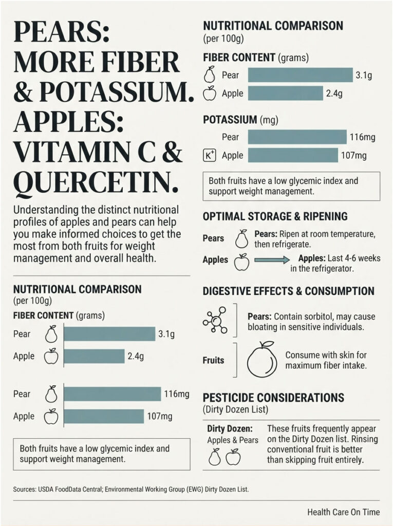 Infographic comparing nutritional benefits of pears and apples, highlighting fiber, potassium, and storage tips.