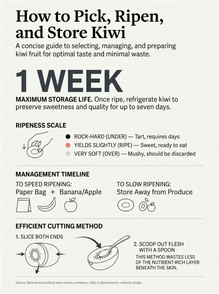 Infographic on picking, ripening, and storing kiwi with storage tips, ripeness scale, and cutting method.