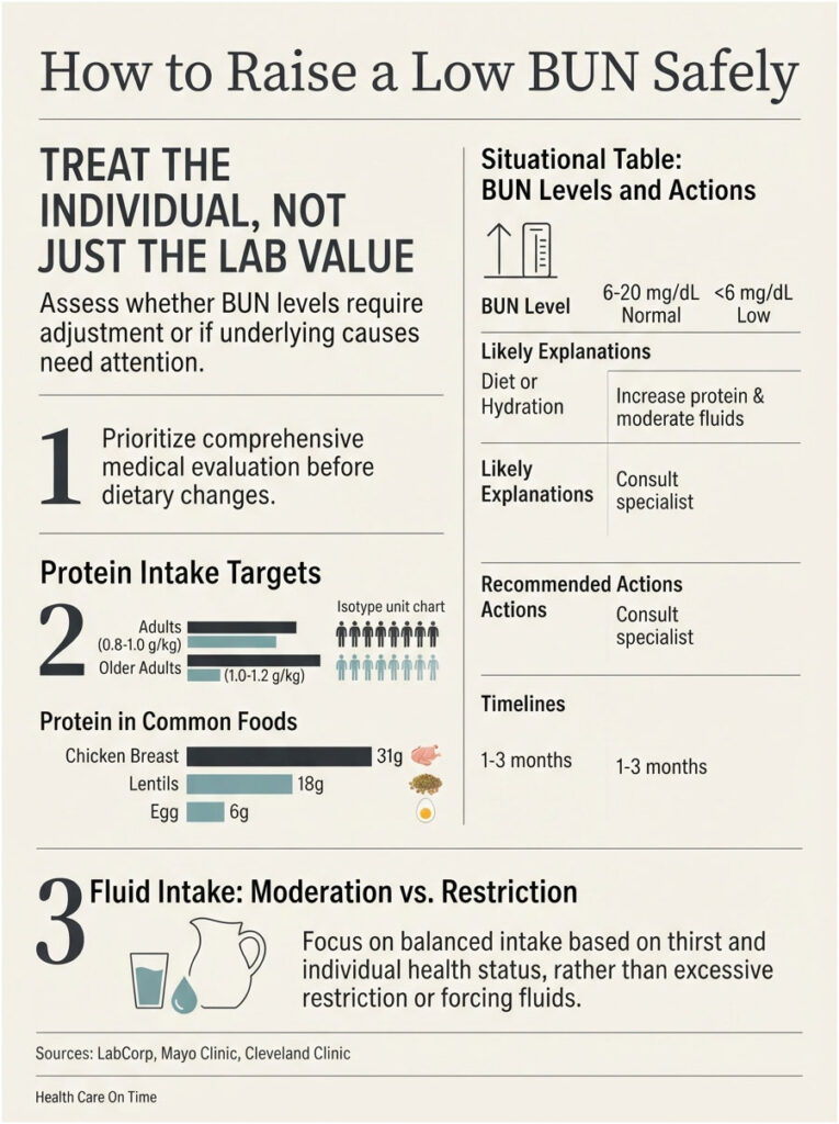 Infographic on raising low BUN levels, featuring dietary recommendations and protein intake targets.