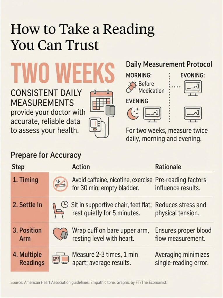 Infographic detailing how to take a reliable blood pressure reading over two weeks with preparation steps and rationale.