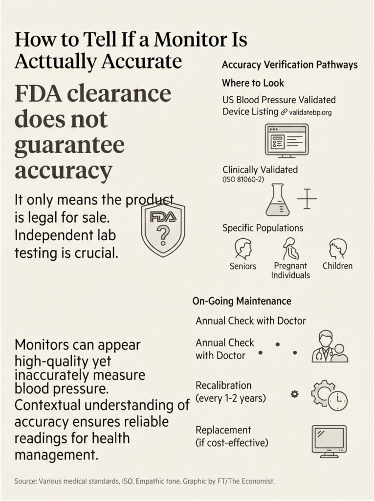 Infographic explaining how to verify the accuracy of blood pressure monitors with FDA and testing details.