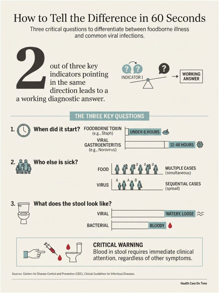Infographic detailing three questions to differentiate foodborne illness from viral infections with indicators and statistics.