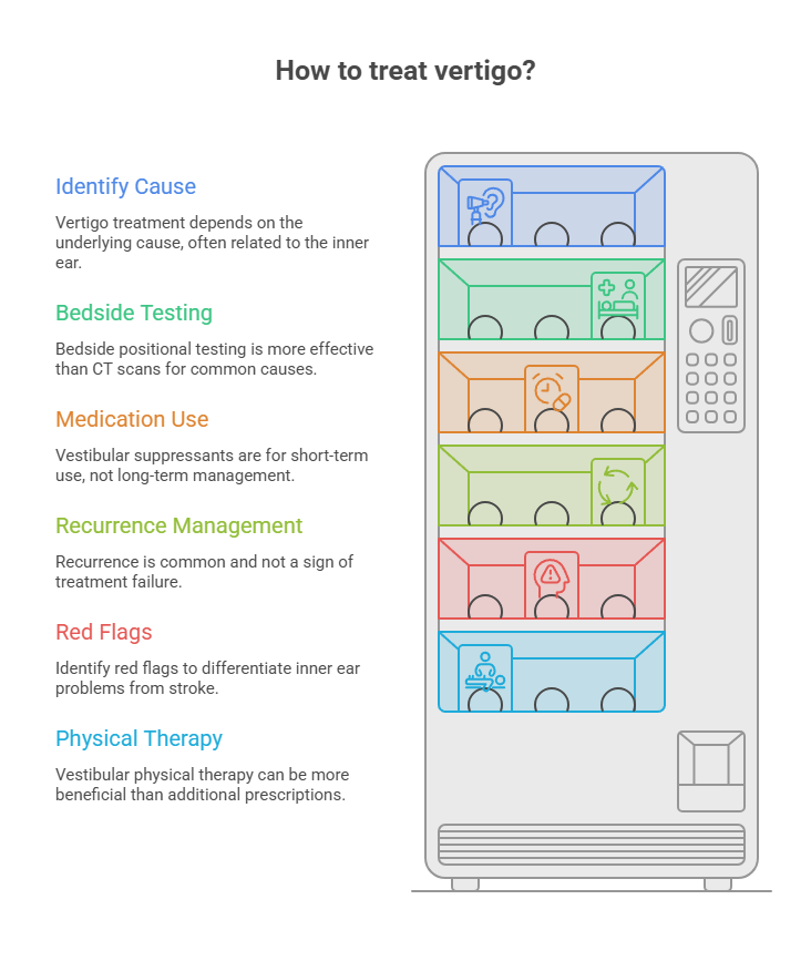 Infographic explaining how to treat vertigo with sections on causes, testing, medication, and therapy.