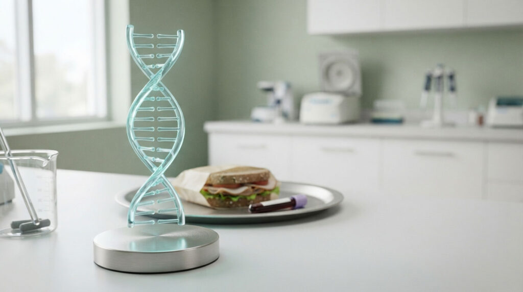 A glass DNA model stands on a table next to a sandwich and a test tube in a laboratory setting.