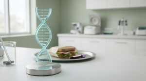 A glass DNA model stands on a table next to a sandwich and a test tube in a laboratory setting.