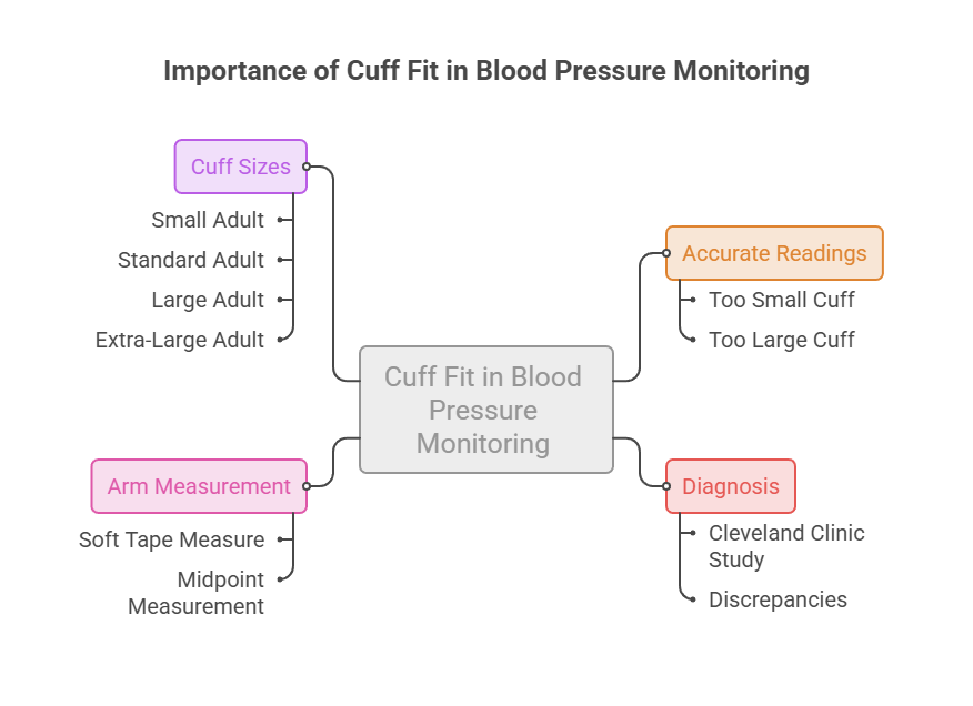 Infographic showing importance of cuff fit in blood pressure monitoring with cuff sizes and measurement details.