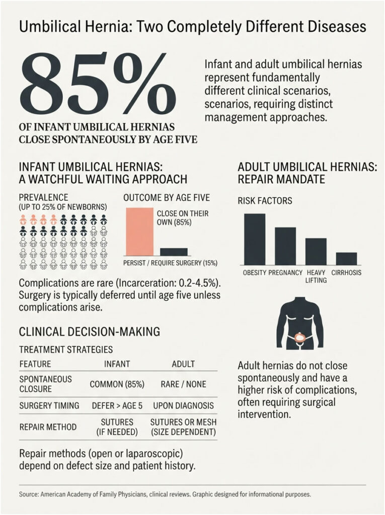 Infographic comparing infant and adult umbilical hernias, showing statistics, treatment strategies, and risk factors.