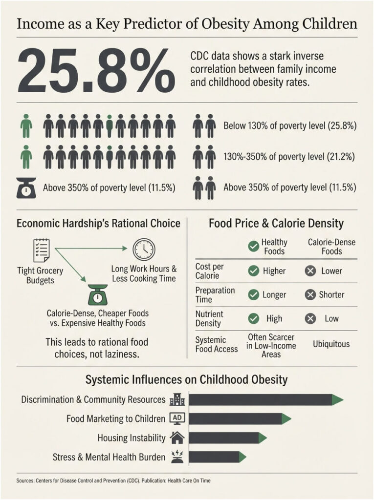 Infographic showing income's impact on childhood obesity rates, with statistics and visual data on food choices.