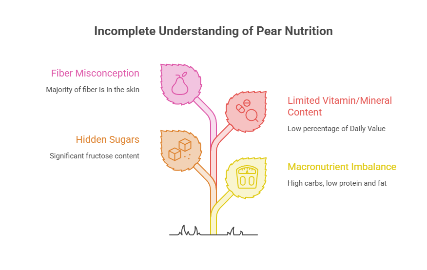 Infographic showing pear nutrition misconceptions with icons and text about fiber, sugars, vitamins, and macronutrients.