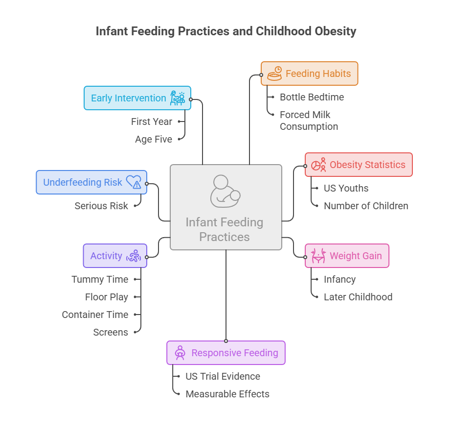 Infographic showing infant feeding practices and childhood obesity with key topics and statistics.