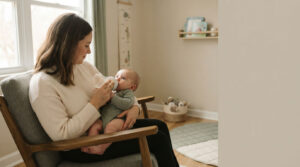 A mother feeds her baby with a bottle in a cozy nursery setting.