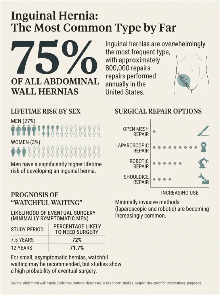 Infographic showing inguinal hernia statistics, risks by sex, and surgical repair options with icons and charts.