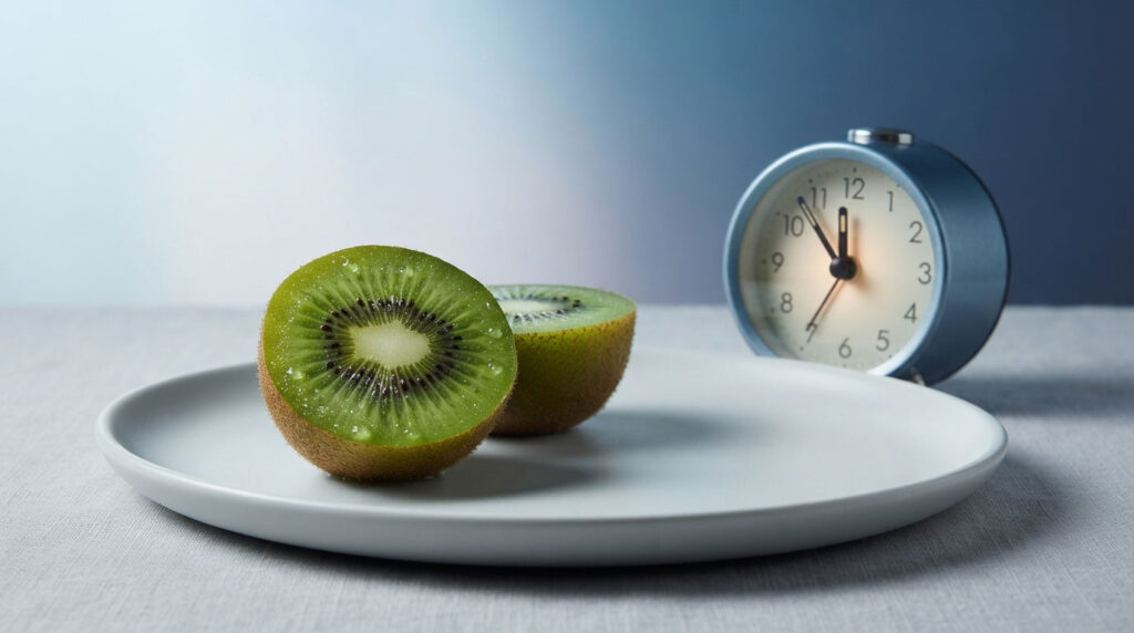 A halved kiwi fruit sits on a white plate next to a blue alarm clock, with soft lighting in the background.
