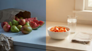 A variety of fresh fruits including apples, pears, and watermelon are displayed alongside a bowl of papaya and a glass of water.